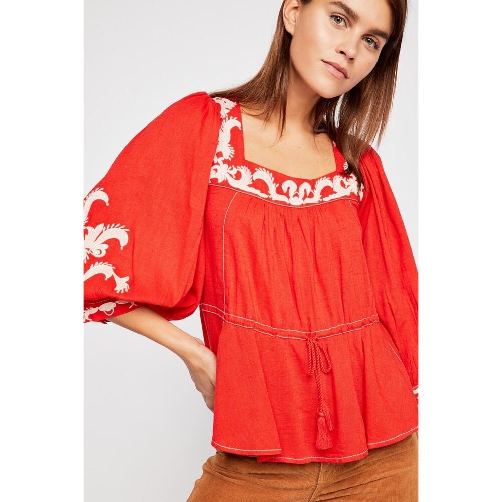 Free People Red Embroidered Peasant Blouse Boho Puff Sleeve Top XS